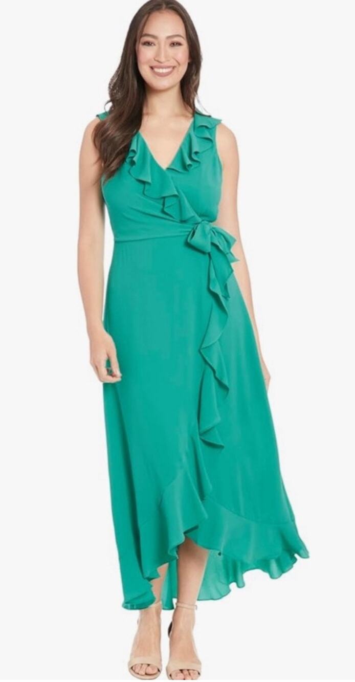 LONDON STYLE Dress SZ 4 Faux Wrap Ruffle Green NWT Hi Low Maxi Wedding Cocktail